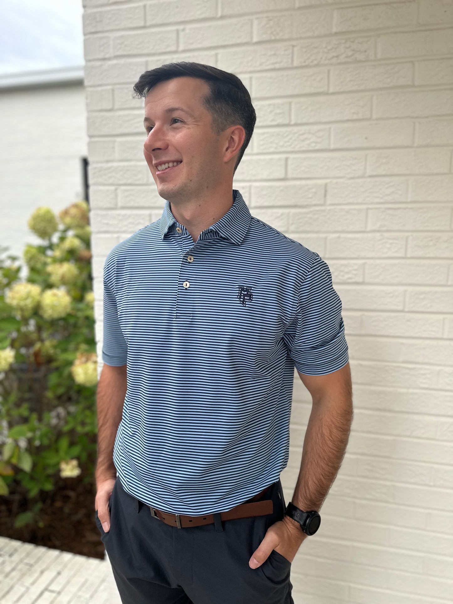 Men's Peter Millar Hales Performance Polo Stripe - Navy/Cottage Blue